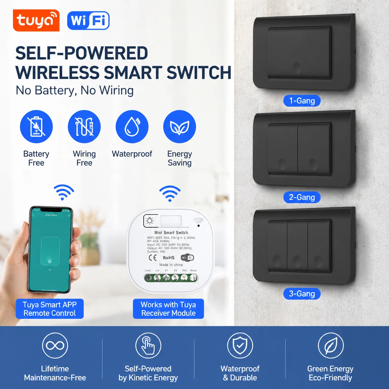 

Kinetic Panel 118 Rebound Type Waterproof Self-Powered Wifi Smart Switch LED Lamp Remote Control Wireless No Battery Required