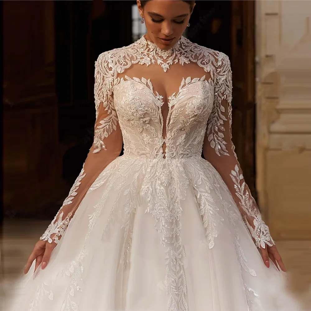 Elegant V-Neck Women Wedding Dresses Lace Long Sleeves Tulle Customized A-Line Bridal Gowns Engagement Banquet Vestidos De Novia