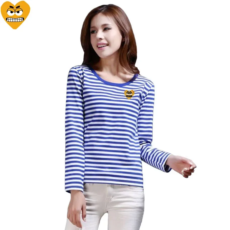 Break Egg Women Stripe T-shirt Cartoon Cute Snag Heart Embroidery Cotton O-Neck Long Sleeve Straight Spring Autumn T-Shirt