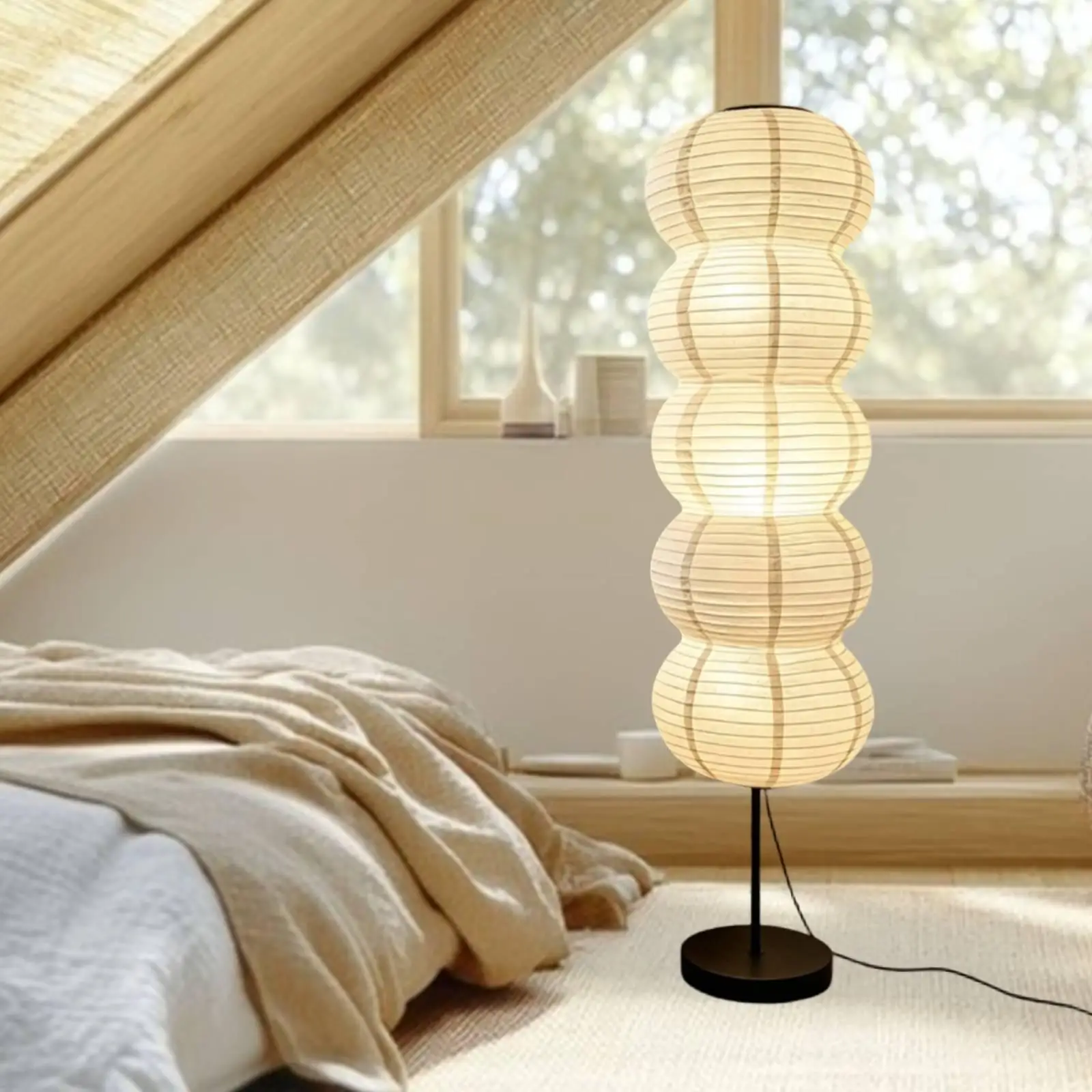 Paper Floor Lamp Japanese Soft Light Standing Lamp with Beige Paper Shade 42.5 Inches Tall for Living Room Bedroom Study Decor