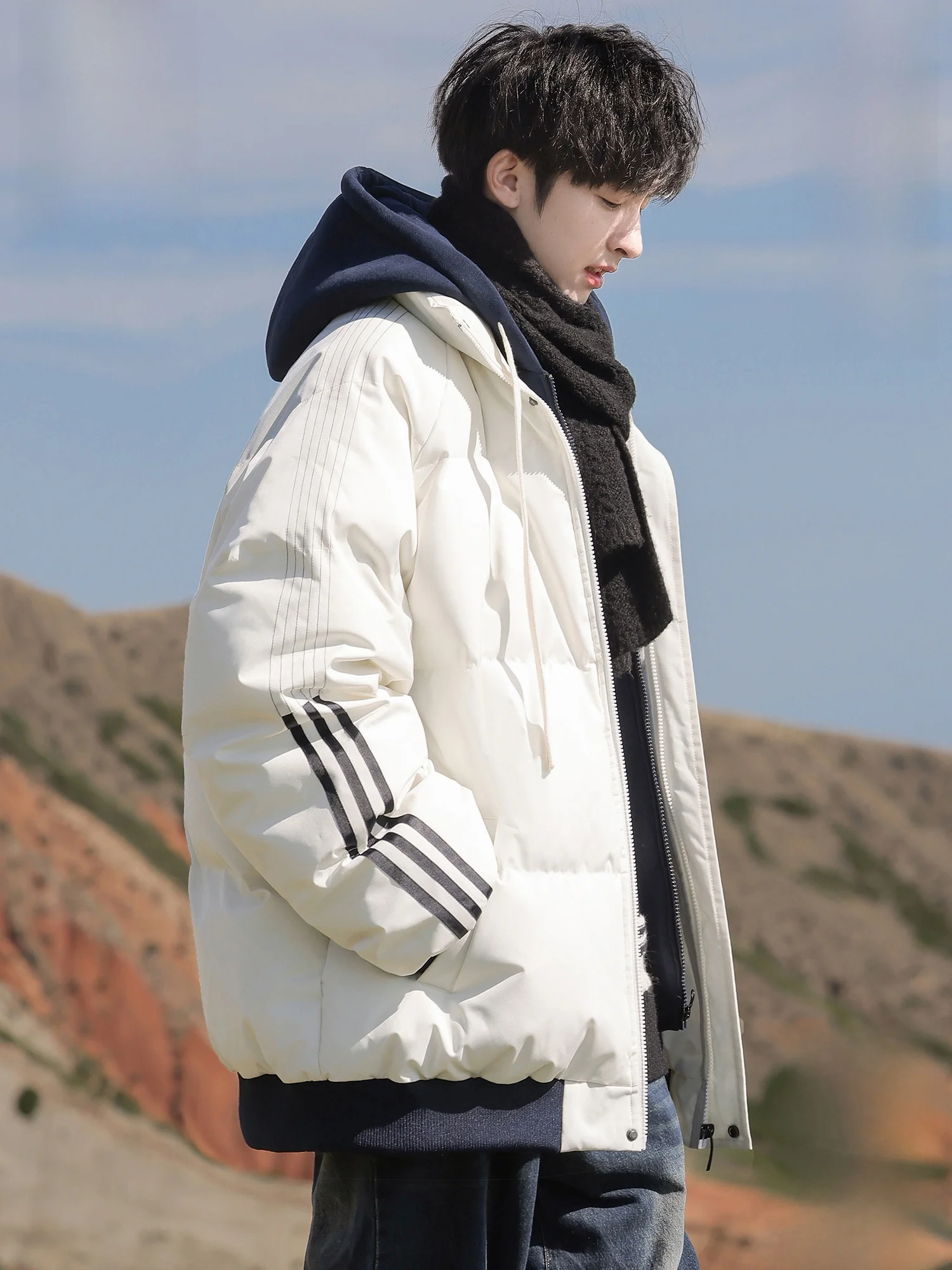 

PaulFrank Thiened Hooded Cotton Jaet Men's Winter Casual Striped Outerwear Warm Youth ular Loose Fit round Hem Zipper