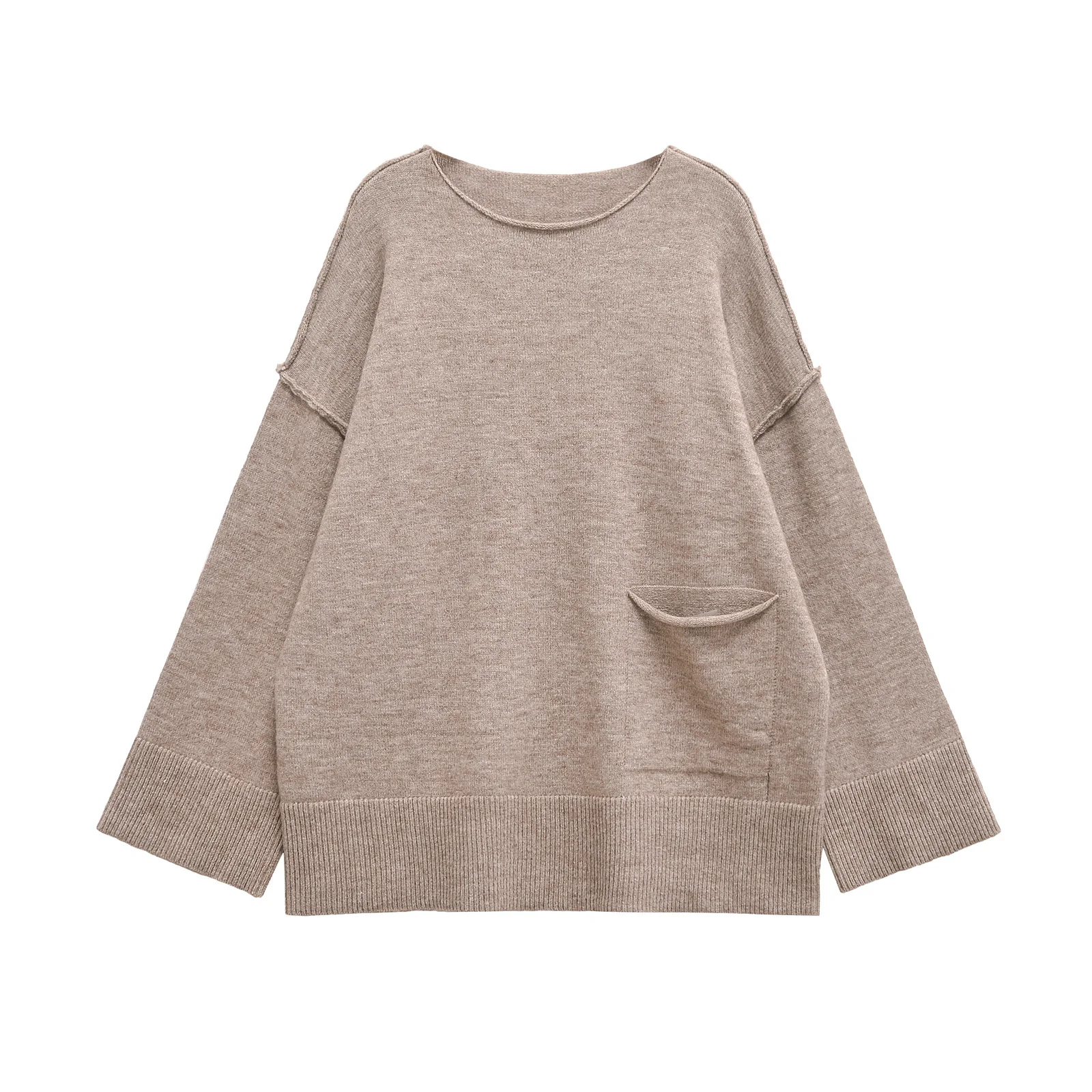 JNLEAOG Women's Faion Knitwear kets Flat Needle Design Versatile Sle Loose Fit Long Sve round Ne  Color