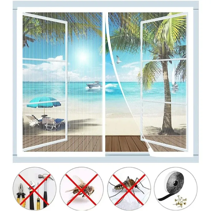 New 90×140cm No Curtain Head Screen Window White Stripe Anti-Mosquito Prevent Flying Insects Removable Magnetic Screen Window