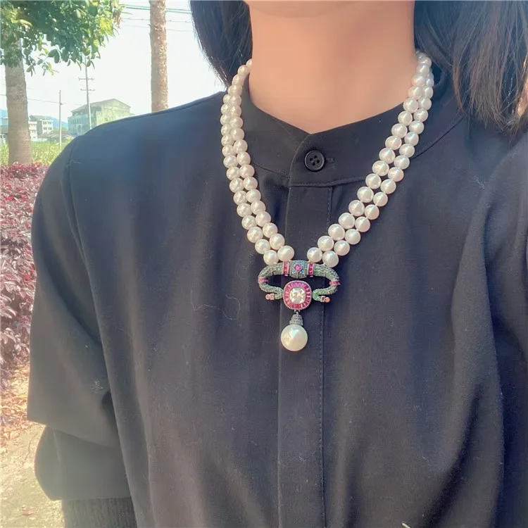 18-19'' 2 Rows 8-9mm  Natural Cultured White Pearl Choker Necklace CZ Contractor Pendent