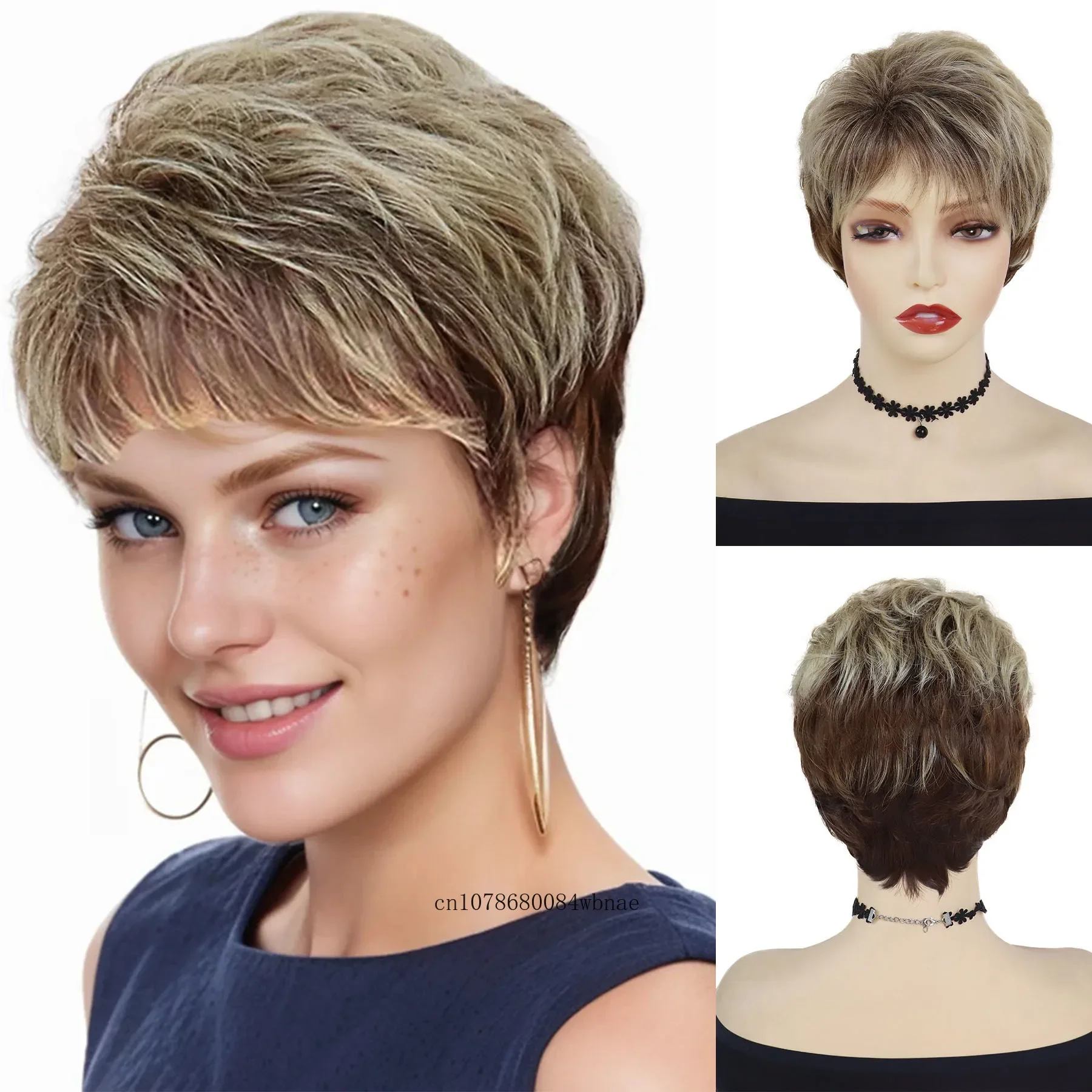 

Synthetic Natural Wavy Short Pixie Cut Wigs with Bangs Brown Mixed Blonde Highlight Wig for Women Lady Daily Costume Party Use