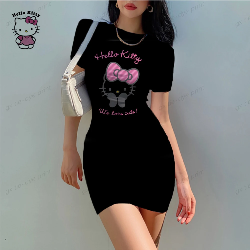 Y2K New Summer Fashion S-5XL Women Tie-dye Strap Short Sleeve Hello Kitty Sexy Mini Slim Skinny Streetwear Dresses for Women