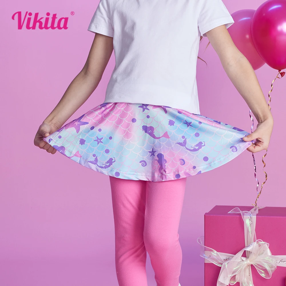 

VIKITA Kids Pink Leggings with Mermaid Print Skirts Fake 2 Pcs Trousers Girls Cotton Casual Daily Skinny Elastic Pencil Pants