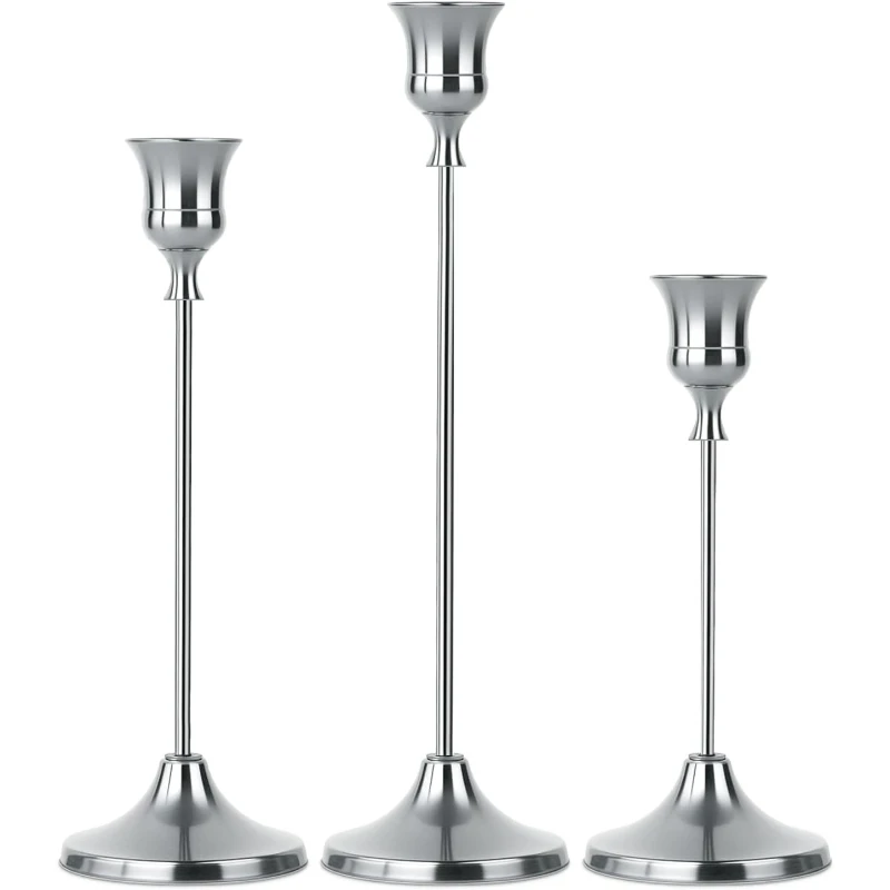 3Pcs Silver Vintage Iron Candlestick Nordic Luxury Bell Shape Candle Holder European Table Decor Iron Candlestick Set Ornament
