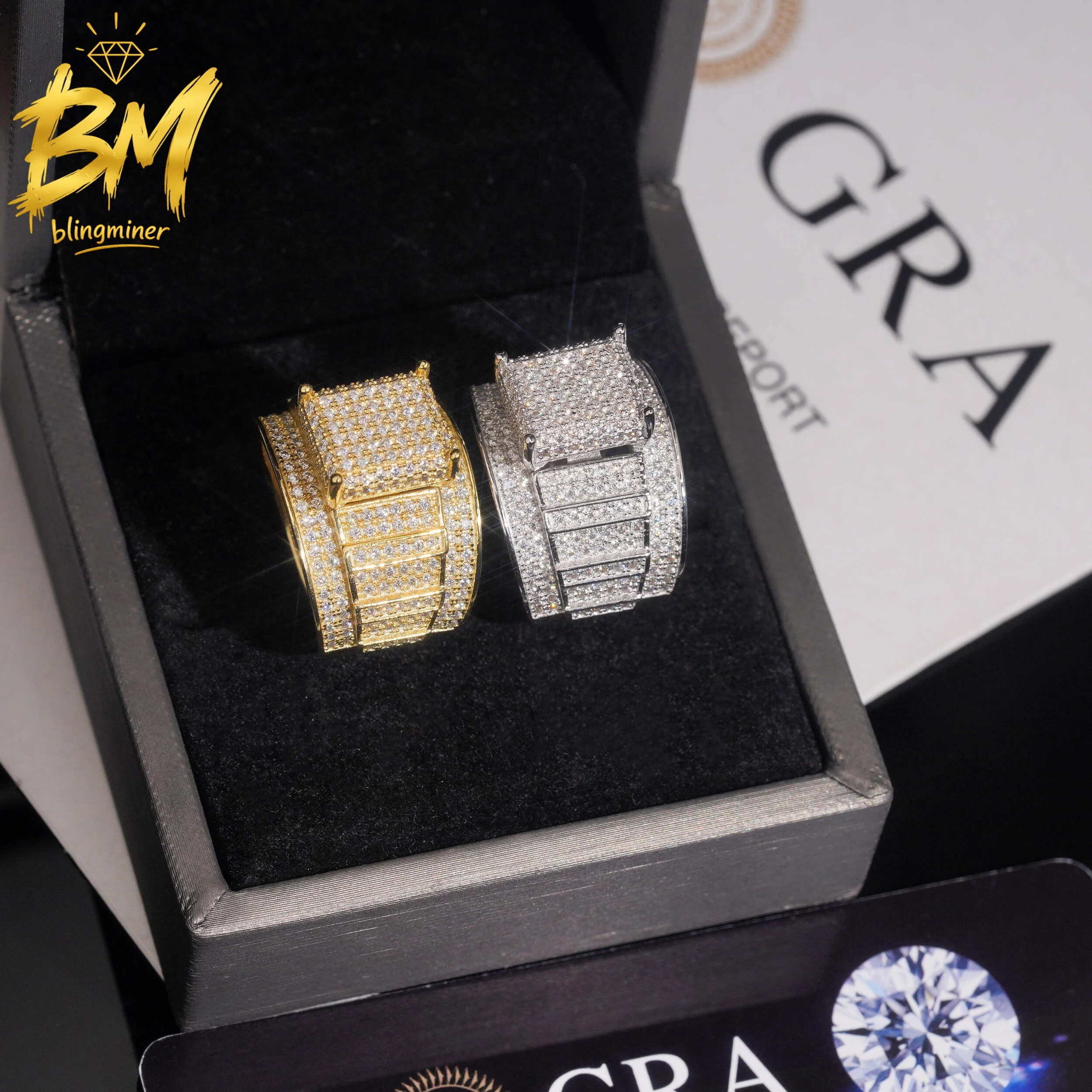 Blingminer Hip Hop Round VVS Moissanite Rings For Men Women S925 Silver Finger Jewelry Pass Diamonds Tester GRA Free Shipping