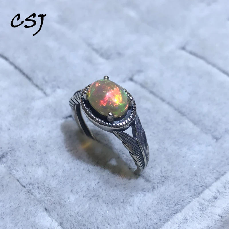 CSJ Real Natural Opal Ring 925 Sterling Silver Gemstone 5*7mm for Women Birthday Party Vintage Jewelry Gift