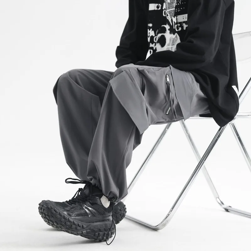Men's Spring Autumn Solid High Waisted Drawstring Pockets with Elastic Zipper for Casual Loose Wide Leg Trousers Vintage Pants