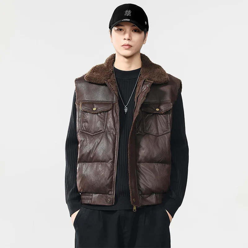 

Winter Thicken Leather Vest Men Streetwear Fashion Vintage Loose Casual Warm Leather Sleeveless Coat Cargo Jacket Vest Waistcoat