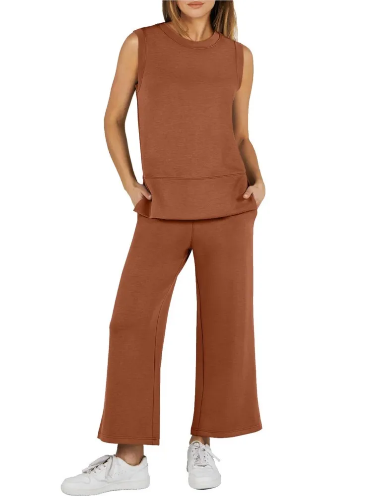 

Woman's Solid Color Two-piece Set Fashion O-neck Sleeveless Tops Wide-leg Pants Suit Ladies Spring Autumn Loose Office Outfit