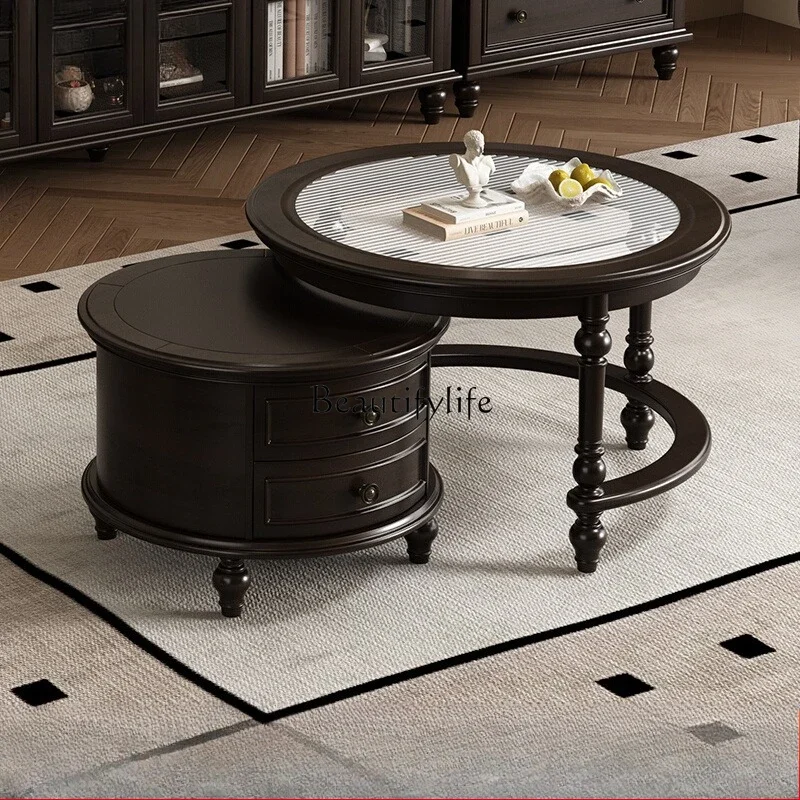 

44American retro pure solid wood round combination coffee table modern living room storage tea table
