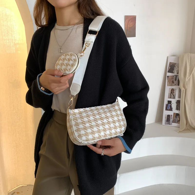 Female Vintage Plaid Printing Shoulder Bags with Mini Round Purse Pendant Women\'s Bag Casual Small Crossbody Bags 2pcs Composite