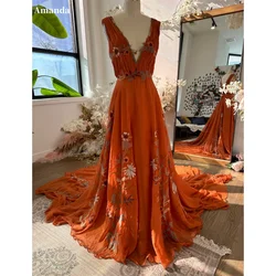 Amanda BOHO Orange Chiffon Elegant Party Sleeveless V-neck Long Train Evening Dress Floor-Length Flowers vestidos de fiestas