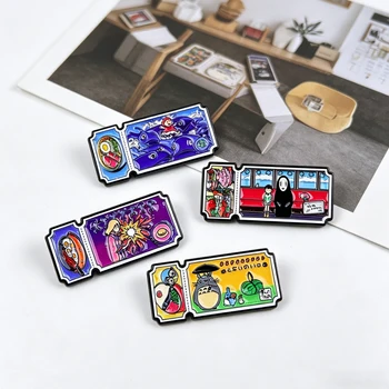 Juego de 4 broches de esmalte con diseño de boleto de película de anime clásico y gato lindo
