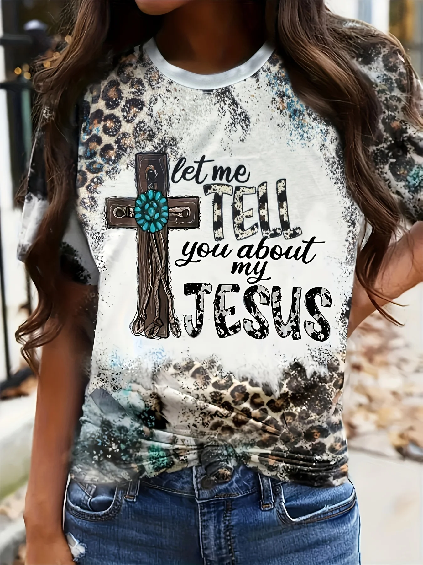 Women Let Me Tell You About My Jesus T-Shirt, Leopard Cross Turquoise Print Short Sleeve Crew Neck Christian Graphic Tee
