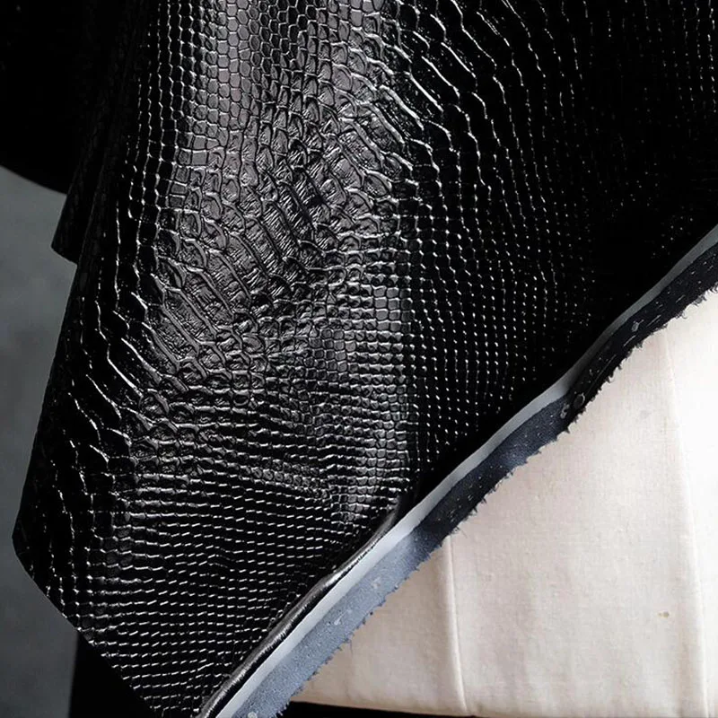 Black Italian Snake Patterned Embossed Shiny PU Leather Fabric Creative Three-dimensional Sewing Clothing Coat Designer Fabric