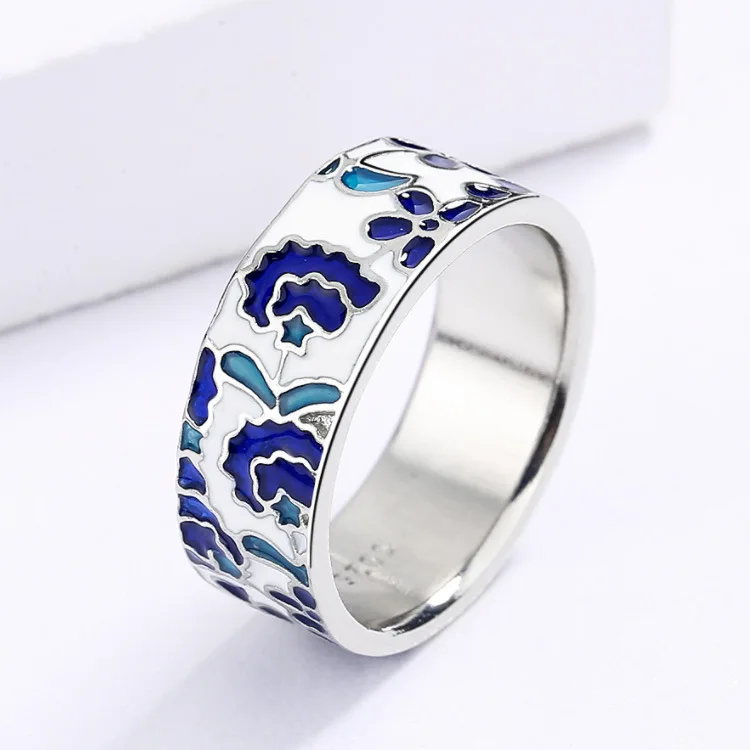 925 Silver Exquisite New Women's for Ring Blue Enamel Flower Ring Fashion Handmade Enamel Jewelry Wedding Bridal Ring