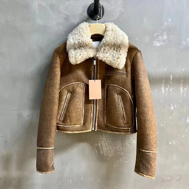 Women Coat Winter Short Length Turkey Sheepskin Jacket Aging Process Turn-Down Collar Clothes Full Pelt Brown Color