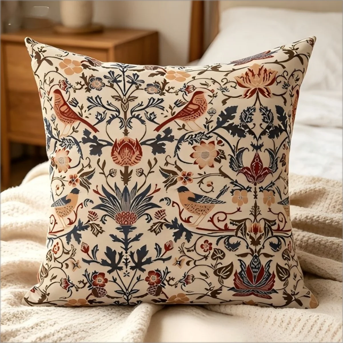 William Morris Style Bird Floral Print Throw Pillow Cover, Vintage Cottagecore Botanical Decorative Cushion