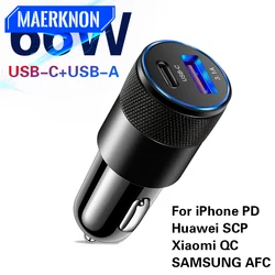 66W USB Car Charger Quick Charge 3.0 Type C Fast Charging Phone Adapter for iPhone 13 12 11 Pro Max Redmi Huawei Samsung S21 S22