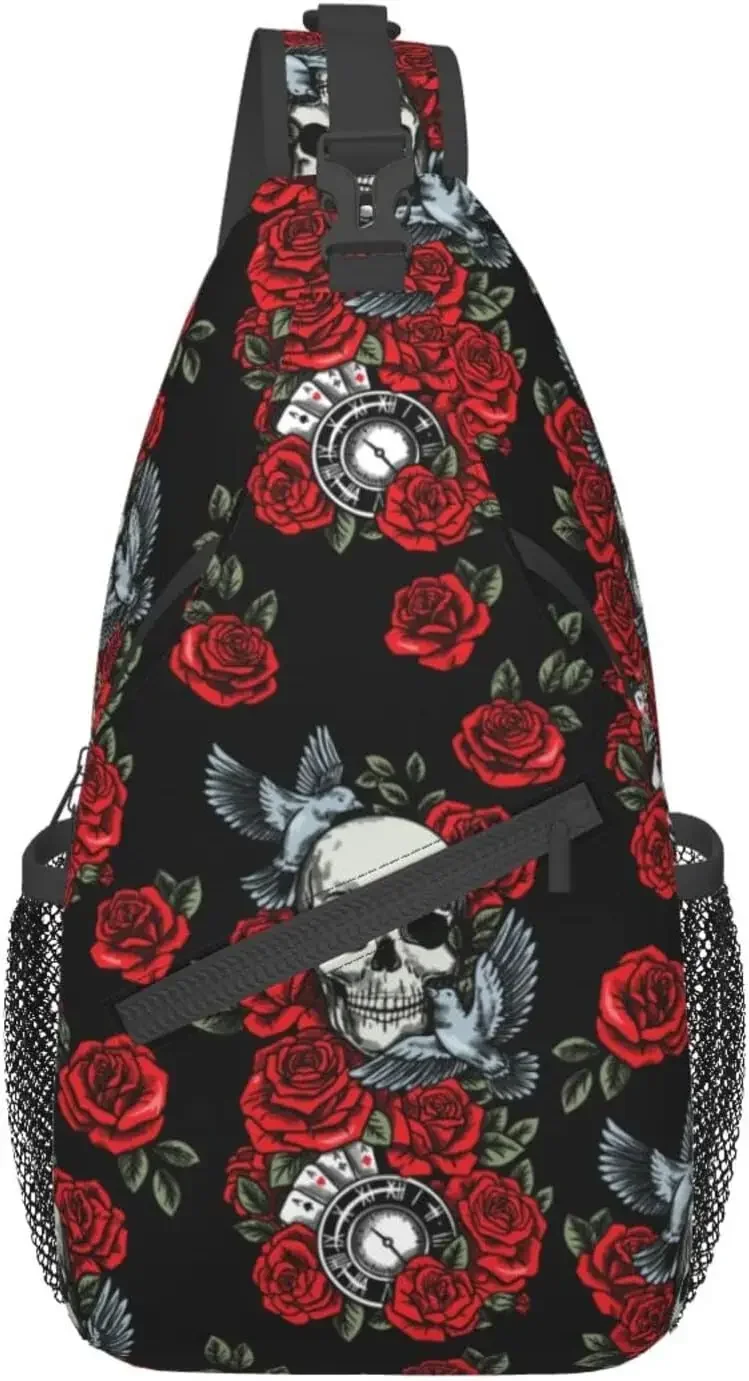 Sling Bag Skull Bird Red Rose Gothic Hiking Daypack Crossbody Shoulder Backpack Travel Chest Pack for Men Women Over 12 Years