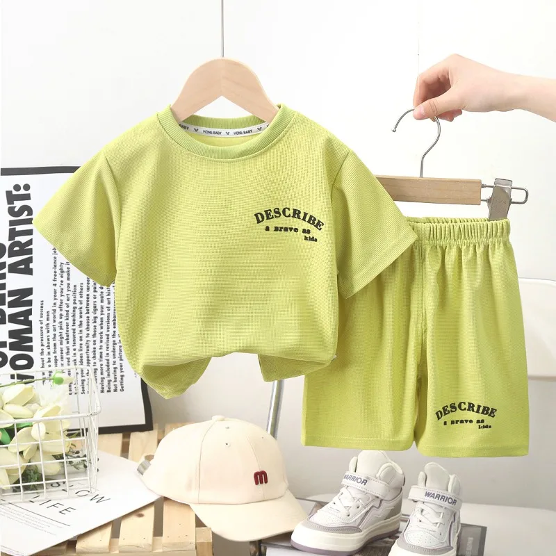 

Boys Clothing Set Summer Waffle Short-sleeve Shirts+shorts 2pcs/set for Kids Girls Sports Suits Toddler Tracksuits Clothes 1-8Y