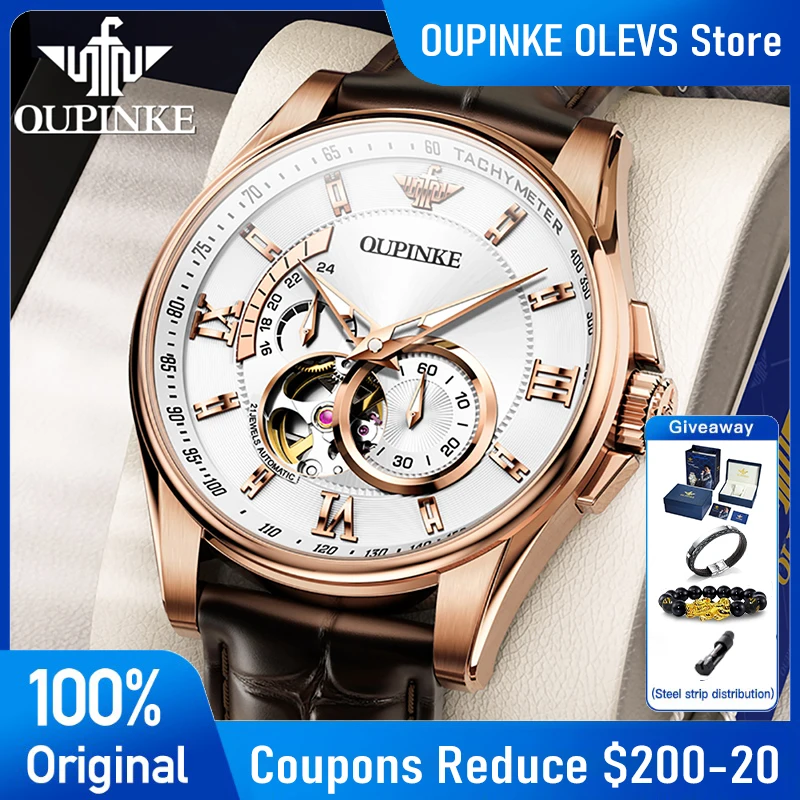 

OUPINKE Watches Man 3222 Automatic Mechanical Watch 50M Waterproof Leather Strap Watches For Man Gift Box Luxury High Quality