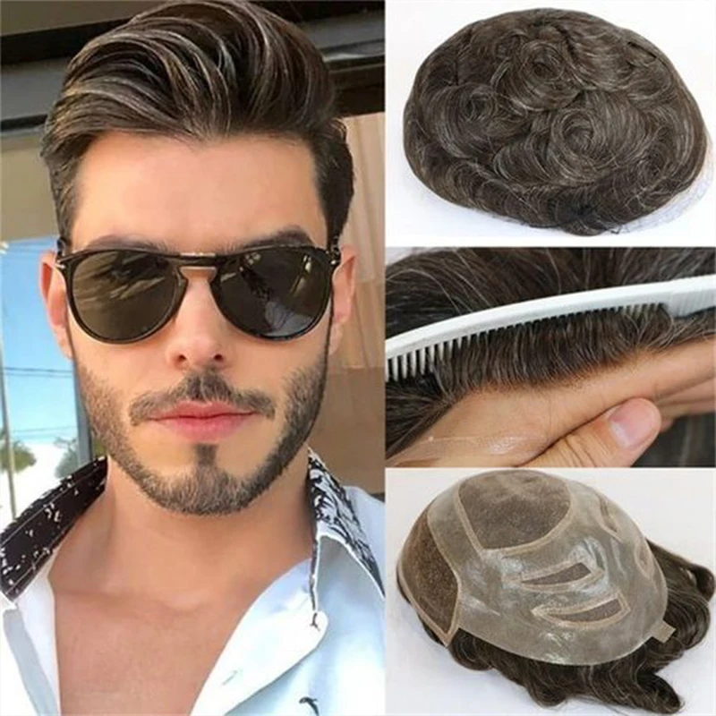 Breathable And Natural Versalite Human Hair Lace Mono Center Men's Wig Skin Toupee Indian Hair Replacement System Units