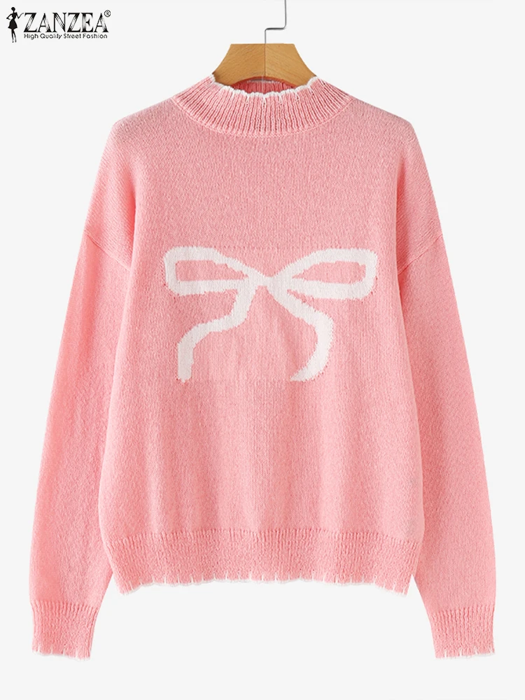 ZANZEA Damskie swetry z długim rękawem 2025 Jesień Stójka Codzienne swetry z nadrukiem kokardki Modne zimowe swetry oversize