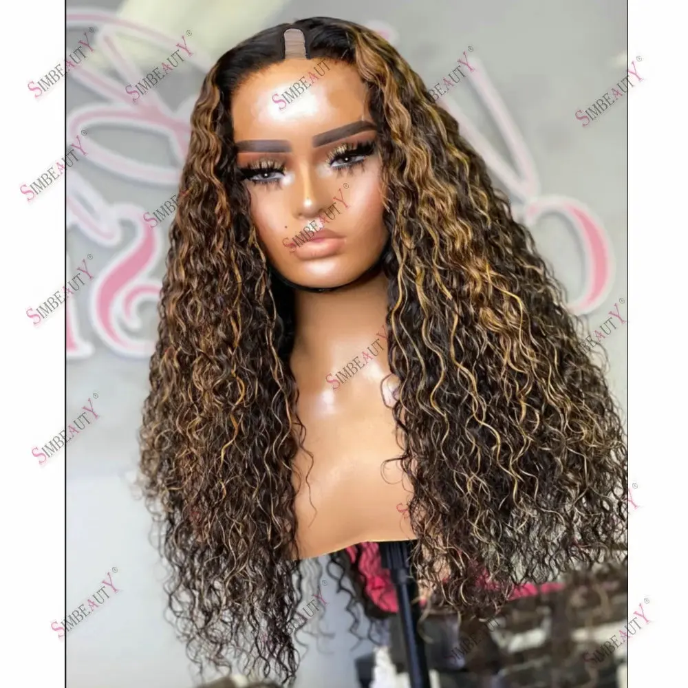 

Kinky Curly1x4Size V Part Wig Human Hair with Clips for Women Hightlight Honey Blonde Left/Right/Middle U Part Wig Peruvian Hair