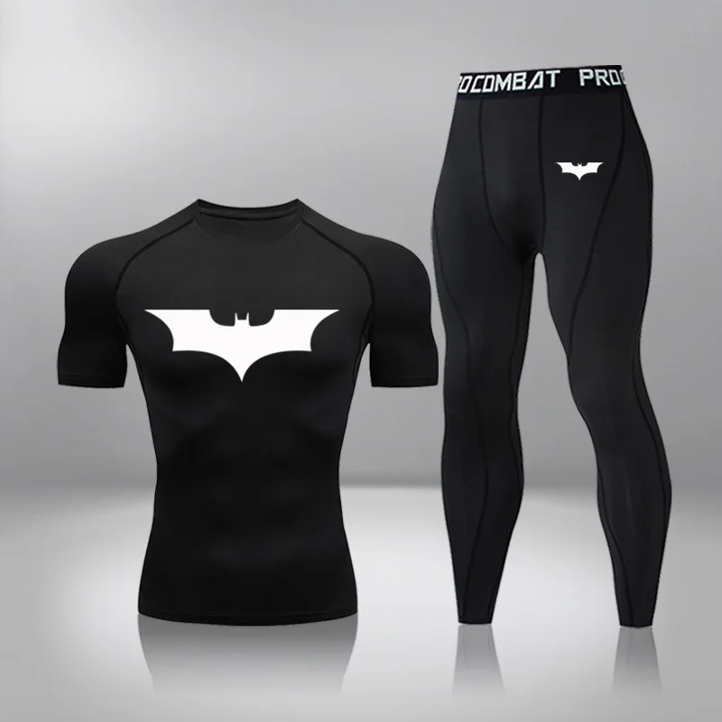 

2 Pcs/Sets Men's Sportswear Short Sleeve T-Shirt Athletic Wear Compression Suit Gym Elastic Tracksuit Breathable Running Set