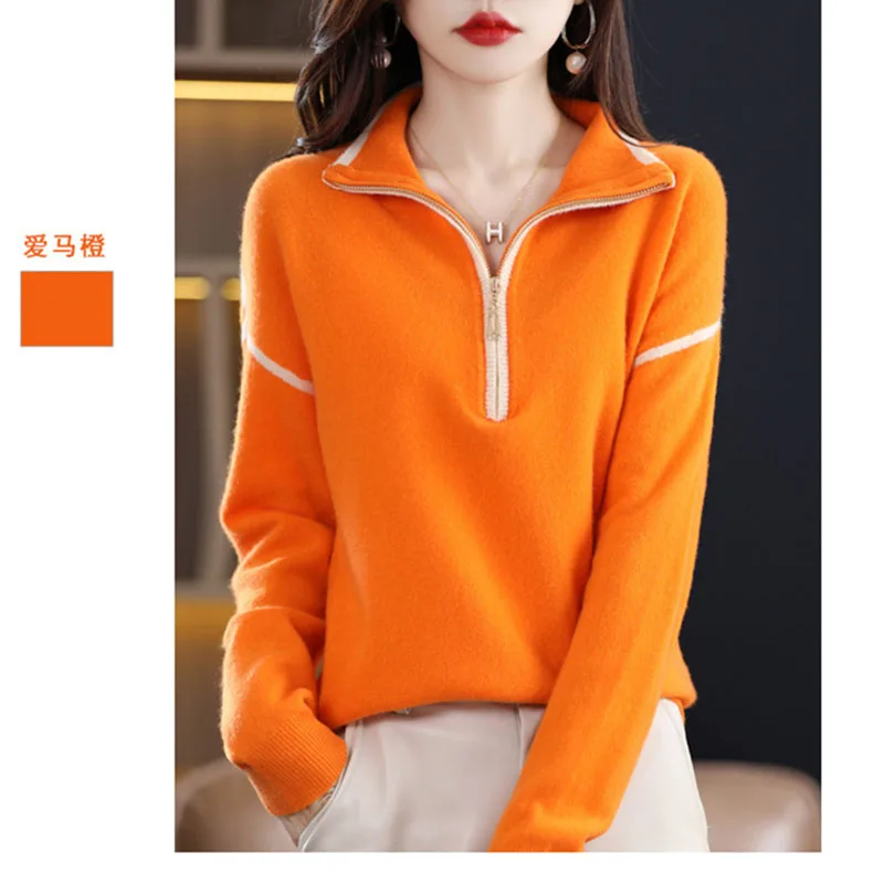 Spring Autumn Top-grade Fashion Lapel Sweater Female Joker Half-high Zipper Loose Pullovers Sweater Jumper Bottoming Women Top