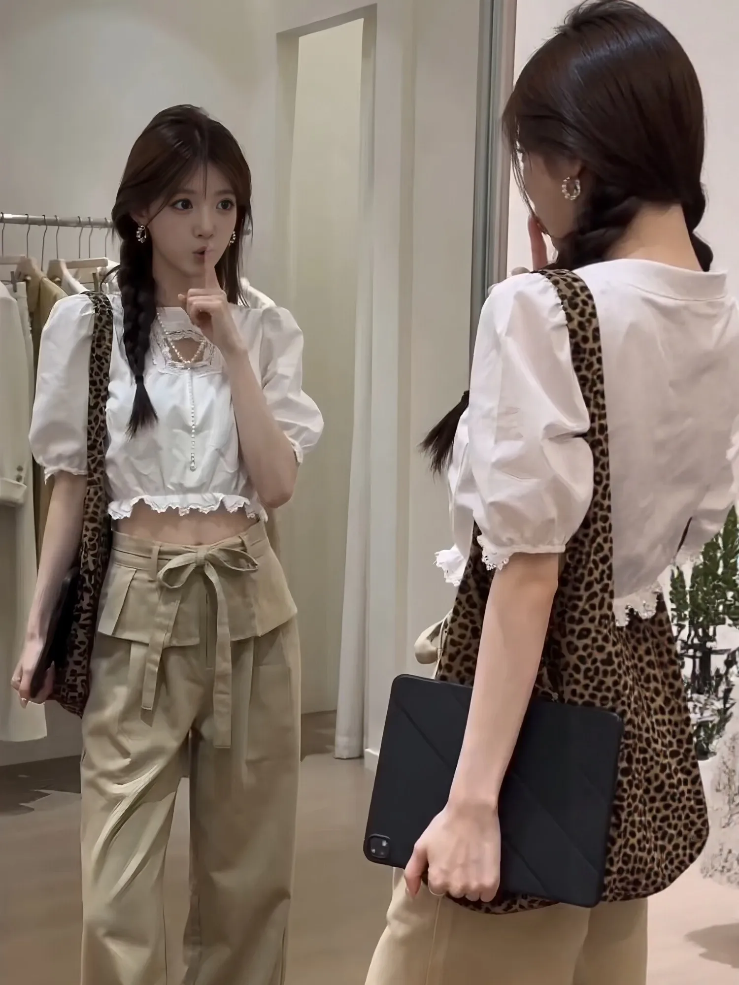 

Gentle Breeze Lace Trim Short Sleeve White Shirt Women Summer Hollow Design Bubble Sleeve Short Top Girl's Fashion round Neck