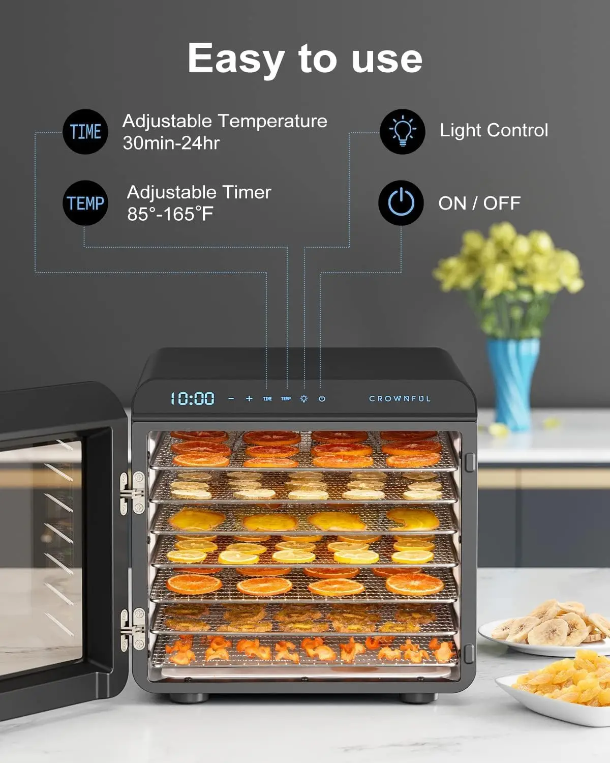 Máquina deshidratadora de alimentos, 7 bandejas de acero inoxidable, secador deshidratado de gran espacio de secado, temporizador ajustable y control de temperatura