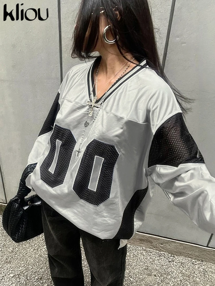 kliou Patchwork Casual Women T-shirts Autumn New Full Sleeve V-neck Oversized Sporty Casual Tops Female Wild Football Streetwear