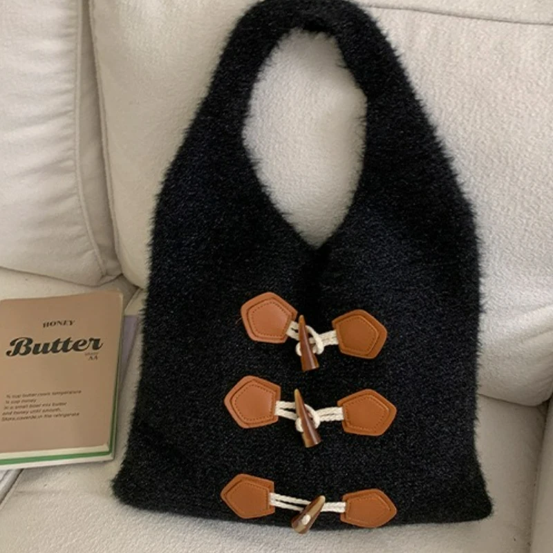 

New Women Knit Commuting Top Handle Bag Large Capacity Casual Simple Tote Bucket Bag Textured Casual and Versatile Shoulder Bag