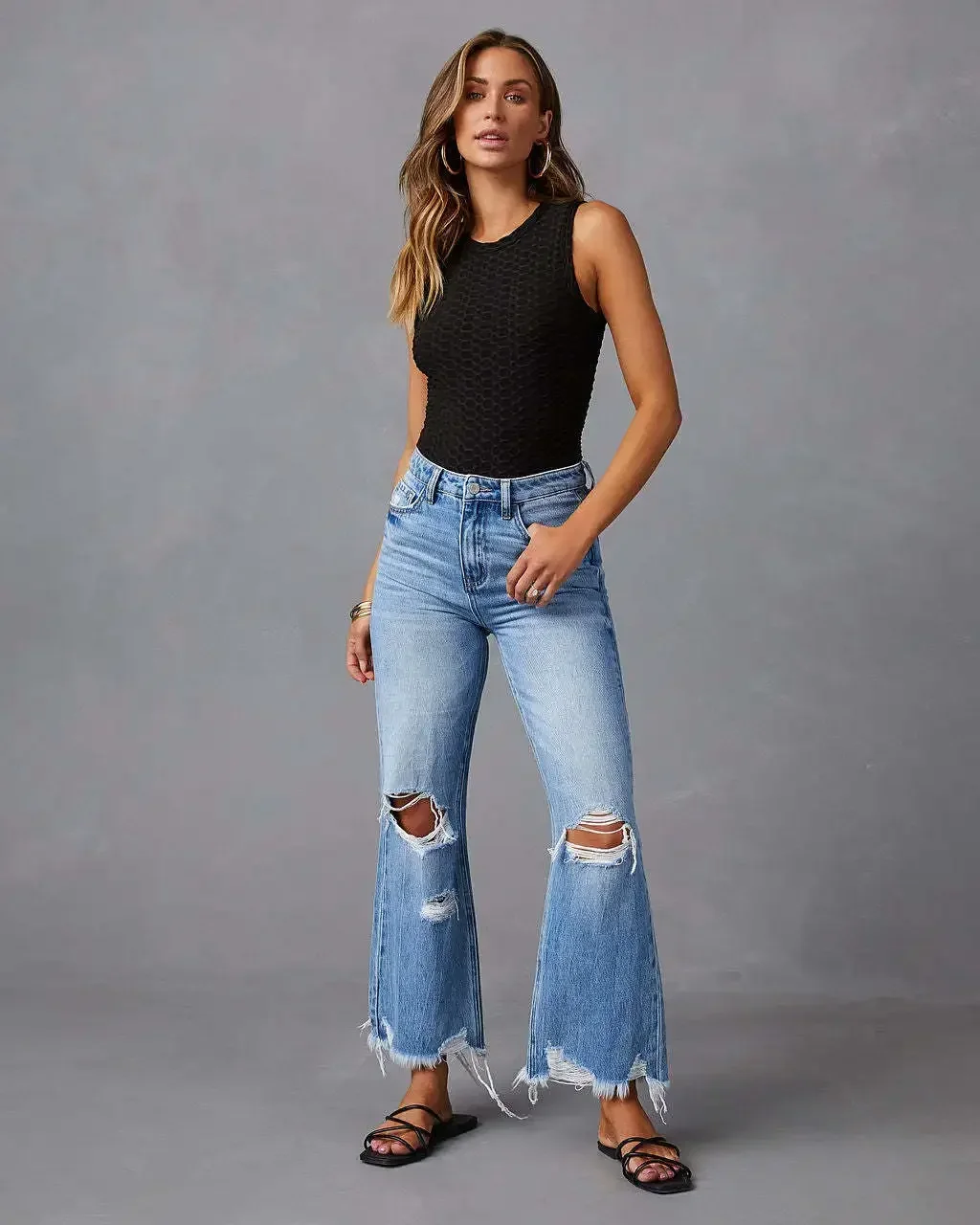 Jeans jeans de perna larga feminino, calça casual com comprimento do tornozelo, buracos lavando bolsos soltos, básico de borla, cor sólida, primavera