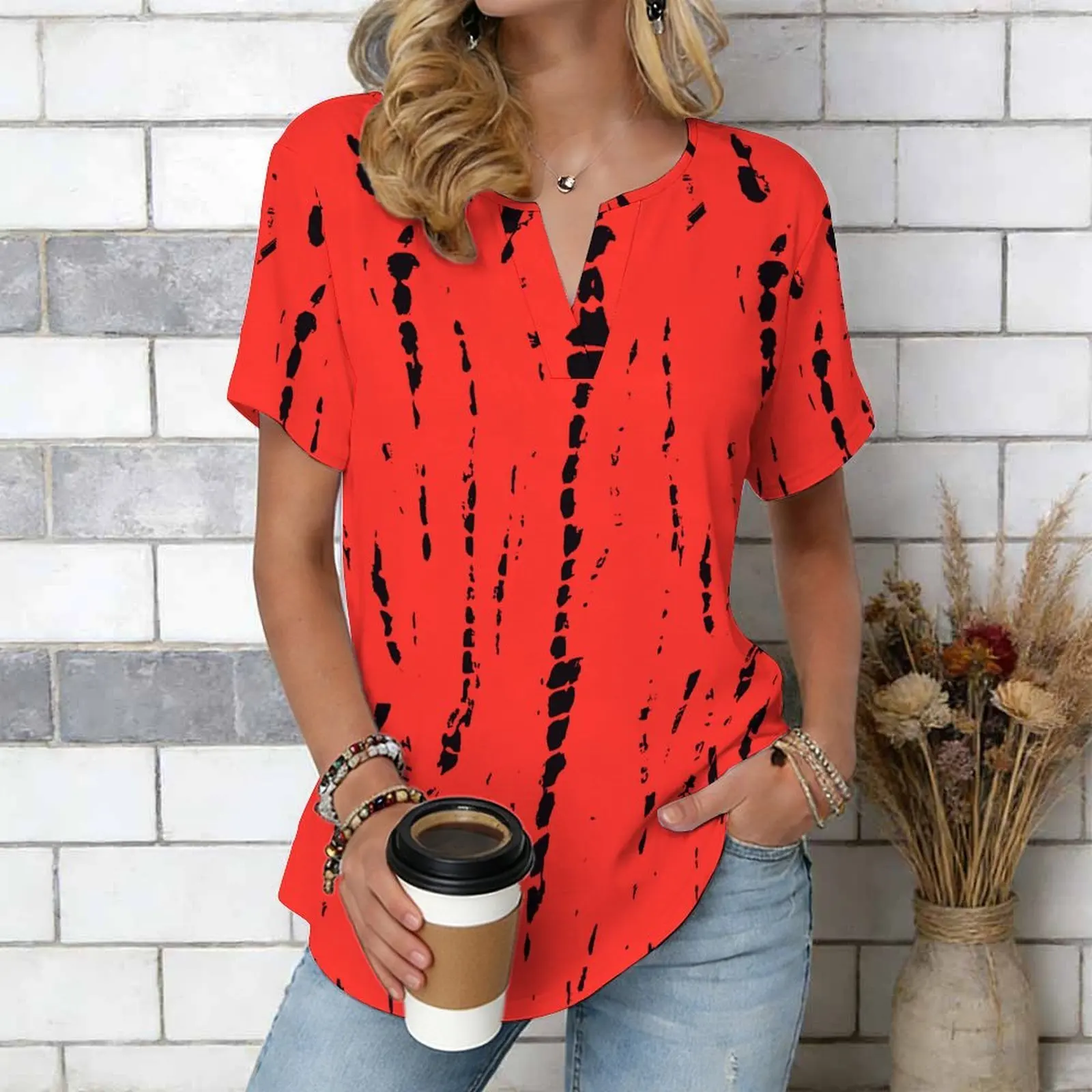 Women Print Notched V Neck Short Sleeve Casual Loose Tunic Tops