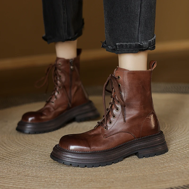 

Women's Short Boots Basic Style Winter Shoes Woman Cowhide Shoes Spring Autumn Street Ankle Boots Thick Heel Round ToeBotas