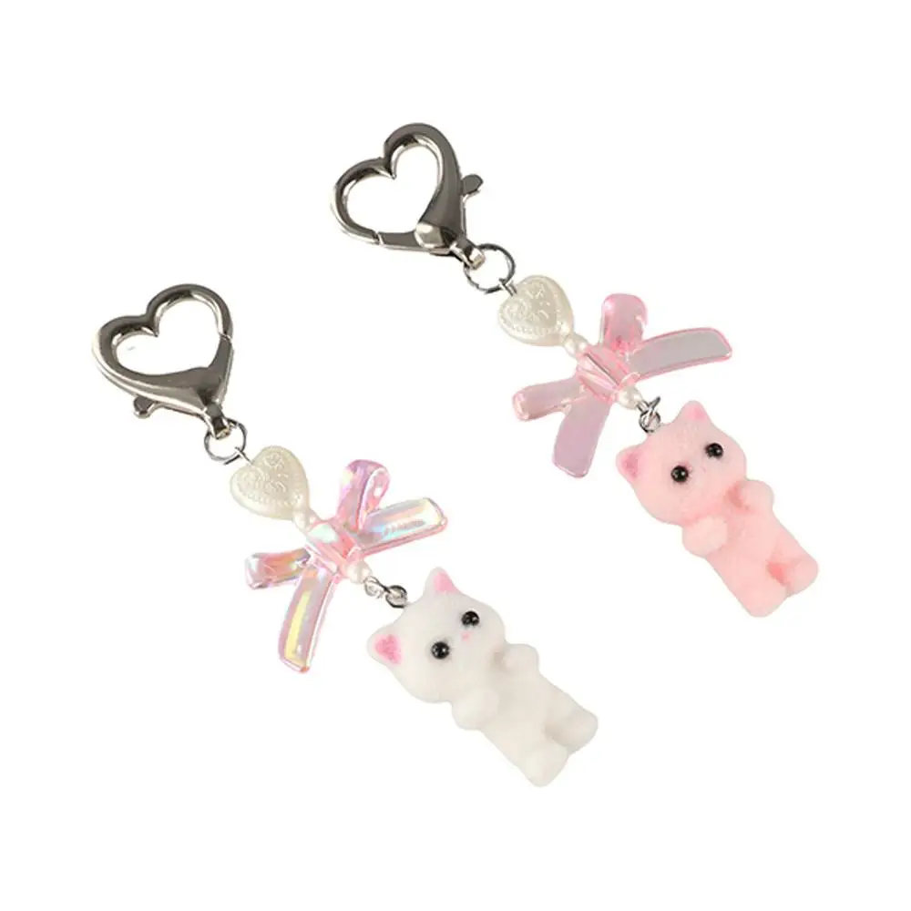 Fashion Cat Pendant Keychain Cartoon Cute Heart Bow Shaped Key Ring Delicate Flocking Animals Pendant Key Chain Women