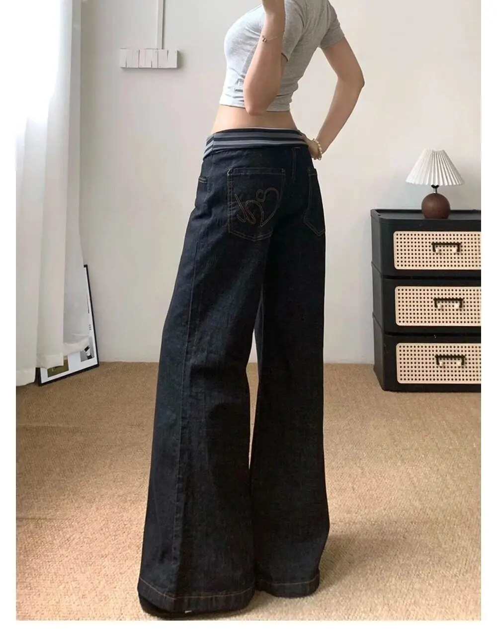 2026 Trend Y2K Style Waistband Patchwork Black Baggy Women's Flared Jeans Pants For Woman Clothing Casual Low Rise Long Trousers