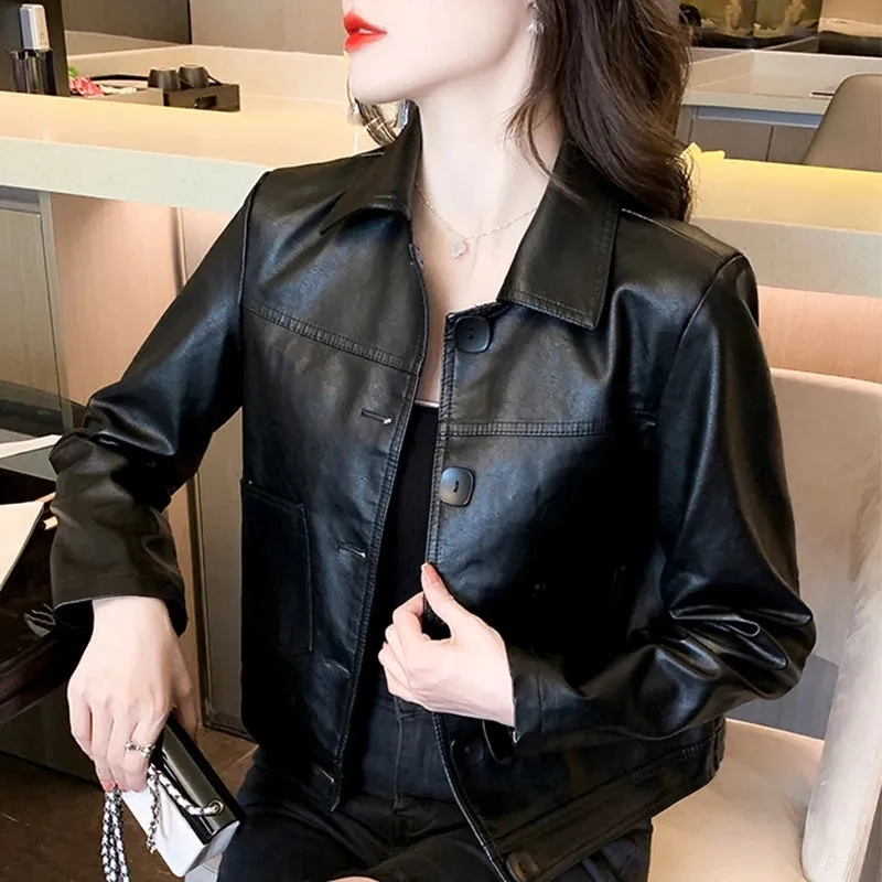 Preto único breasted jaqueta de couro do plutônio 2025 outono inverno novo feminino engrossar casaco de couro curto feminino motocicleta outwear topo