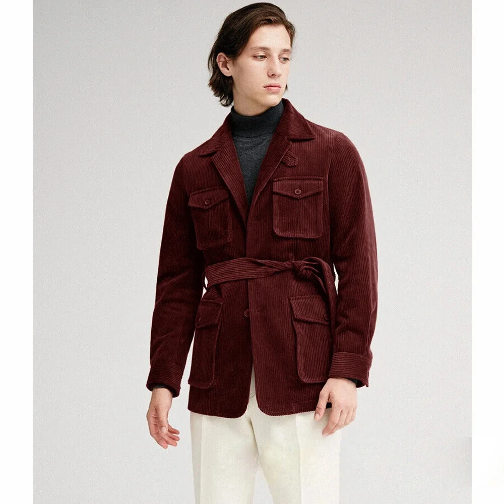 Only Jacket 1 PCS 2024 New Men's Corduroy Hunting Design Belt Comfortable Suede Casual Suit Single Breasted Pocket Slim Fashion image 4