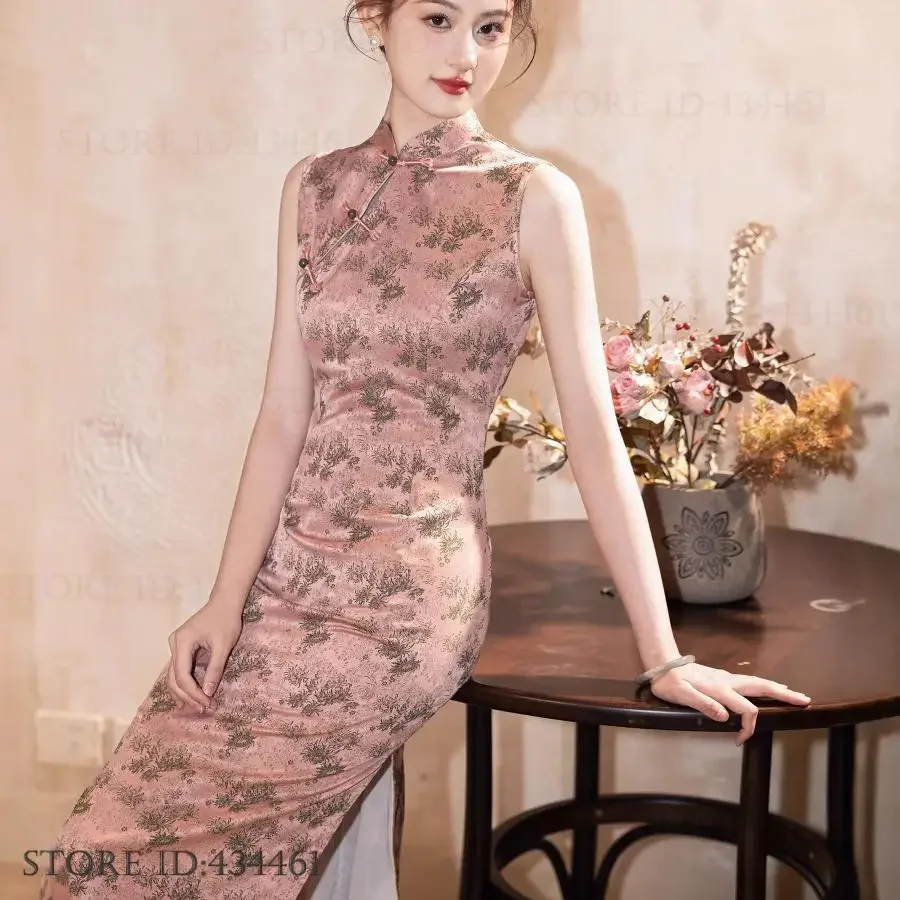 

Female Sexy Sleeveless Slim Cheongsam New Chinese Style Long Qipao Elegant Traditional Chinese Dress Hanfu Print Flower Vestidos