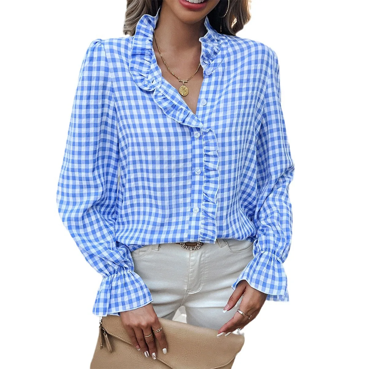 Hemd Frauen Vintage Top Bluse Plaid Druck Rüschen Einreiher Schmetterling Hülse Frühling Sommer Büro Dame 2025, Oberhemd
