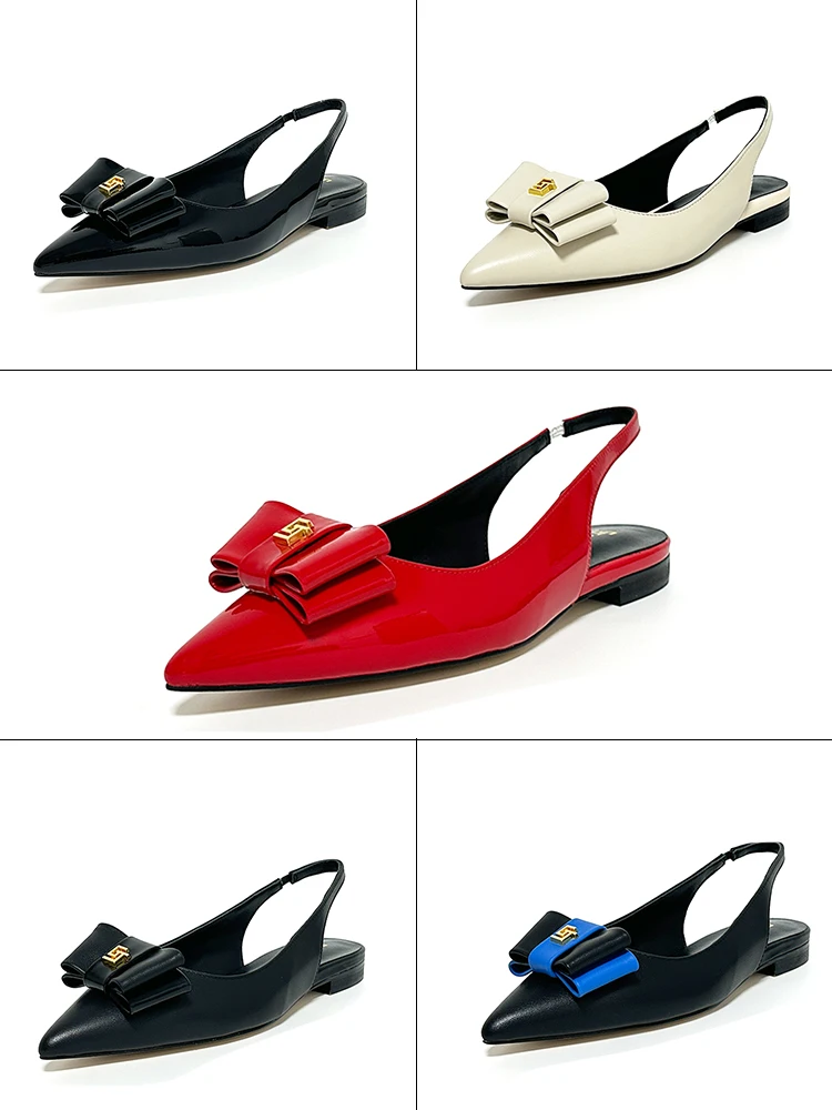 2024 New Summer Women's Sandals Genuine Leather Pointed Elastic Band Sexy Low Heel Sandals Fashion Leather Bag Party Shoes 34-44