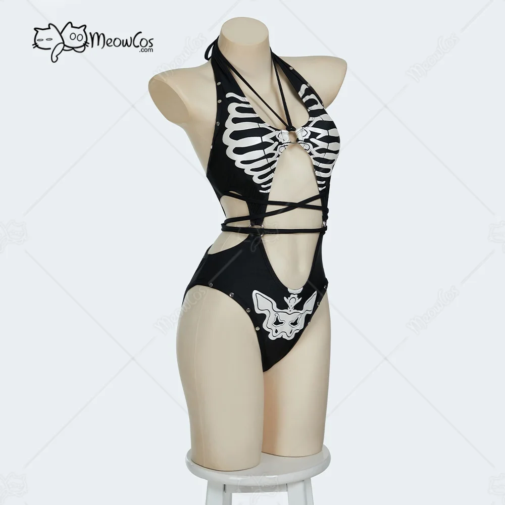 

USA Stock MEOWCOS Women One Piece Swimsuits with Skull Design Cut Out Gothic Swimsuit Bathing Suit